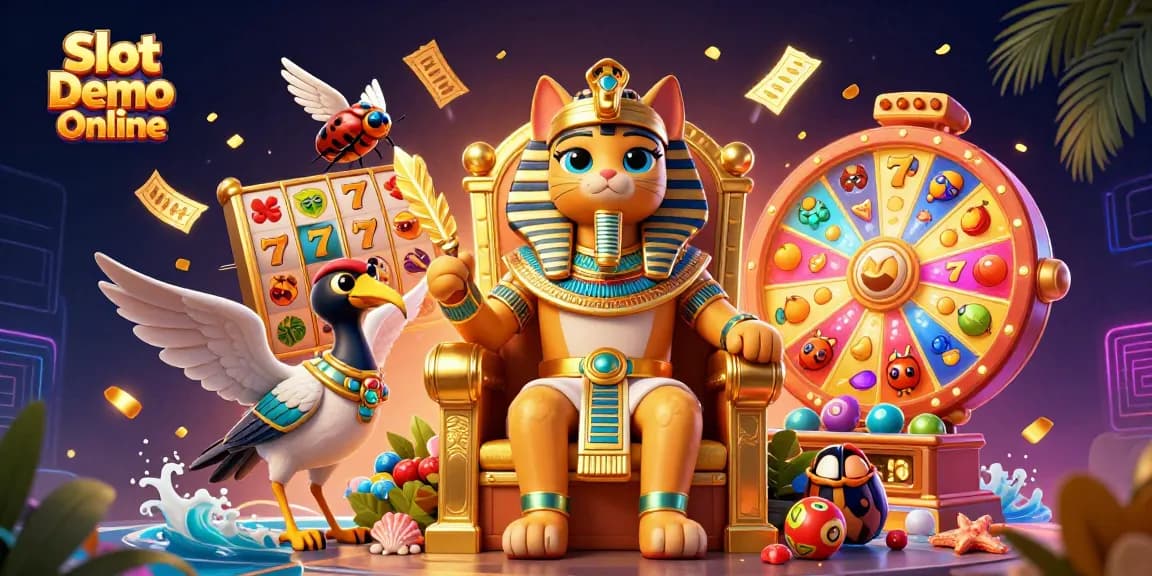 Spin to win with Slot Demo Online featuring a pharaoh cat and lottery elements.