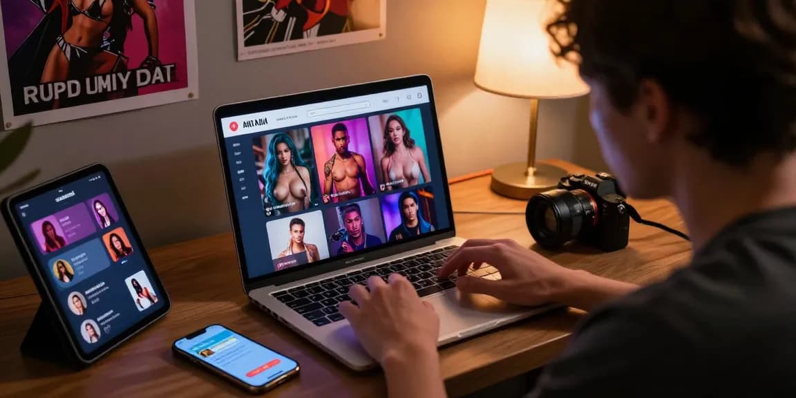 Engaging ai porn chat scene showing user interacting with vibrant character avatars on laptop, creating an immersive experience.