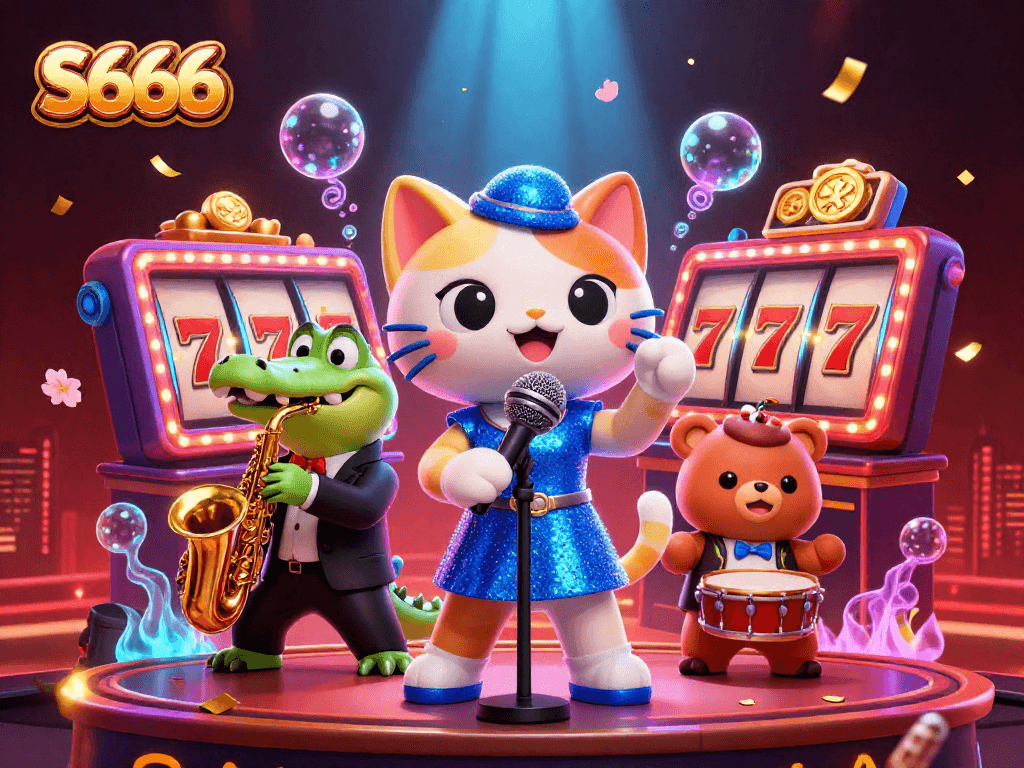 S666 offers dynamic gaming visuals with a jazzy cat, crocodile, and bear, surrounded by vibrant casino elements.