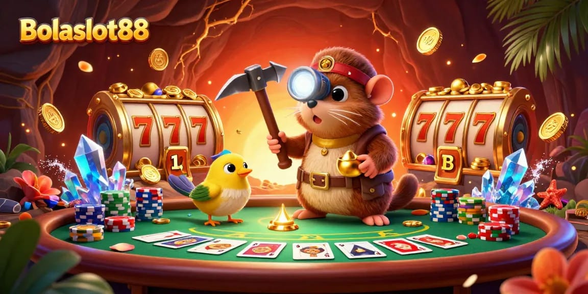 Bolaslot88 offers an exciting scene with a 3D cartoon mole mining treasures in a vibrant casino setup.