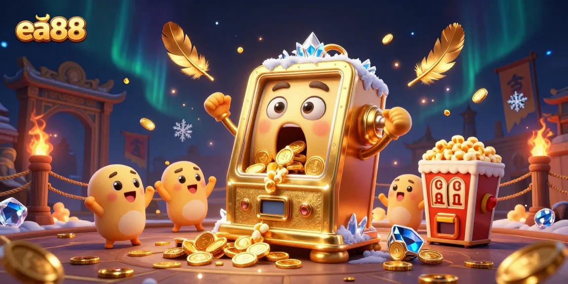 ea88 slot machine celebrates jackpot win while baby slots cheer together in a vibrant casino scene