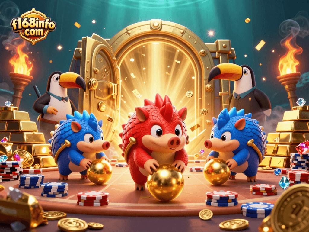 Join the exciting action at f168info com with rival pangolins bowling through poker chips and treasure in a vibrant casino scene.