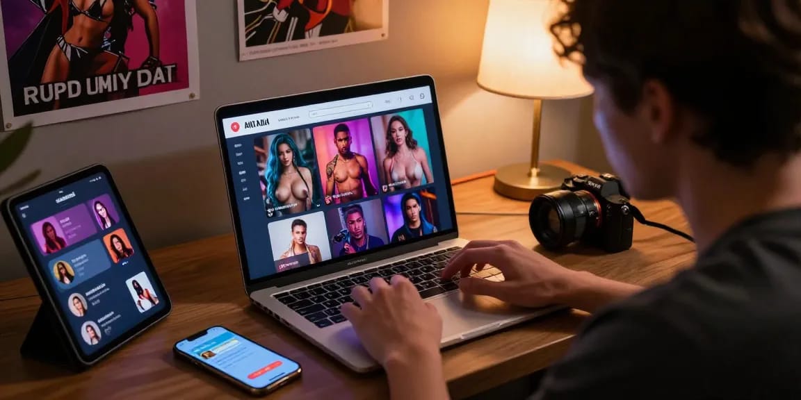 Engaging ai porn chat scene showing user interacting with vibrant character avatars on laptop, creating an immersive experience.