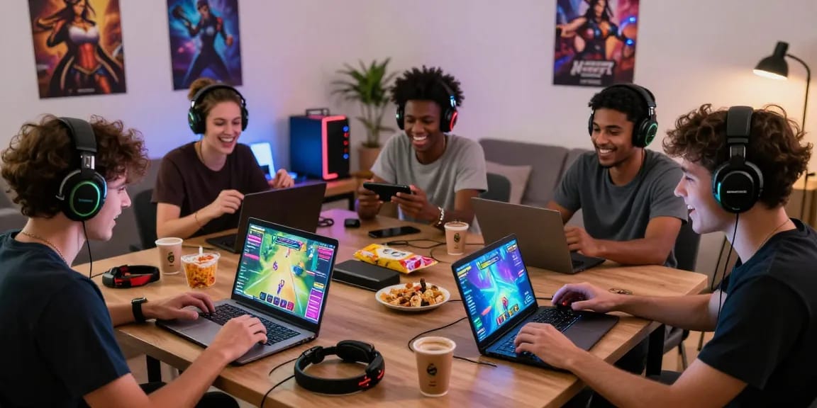 Players enjoying engaging free sex games on various devices in a lively gaming room.