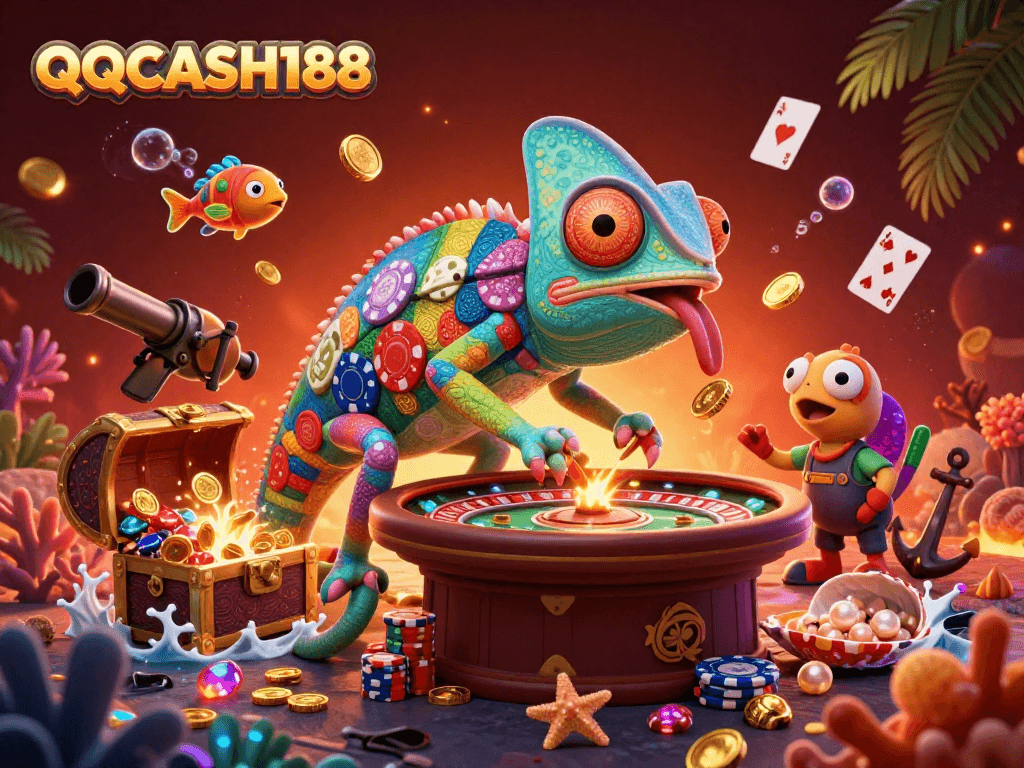 Experience thrilling gaming at QQCASH188 with vibrant chameleon casino visuals and dynamic elements.