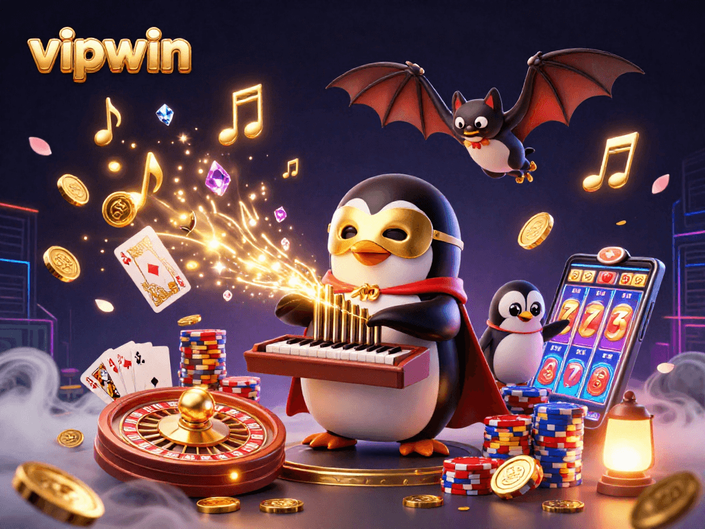 Experience thrilling wins with vipwin's vibrant casino action featuring a magical penguin and golden treasures.