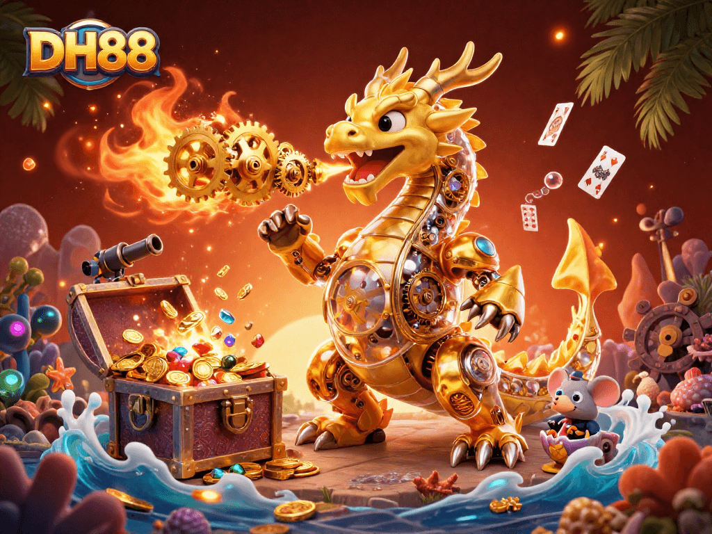 Experience the thrill of gaming at DH88 with our exciting 3D illustration showcasing a golden dragon and jackpot treasures.