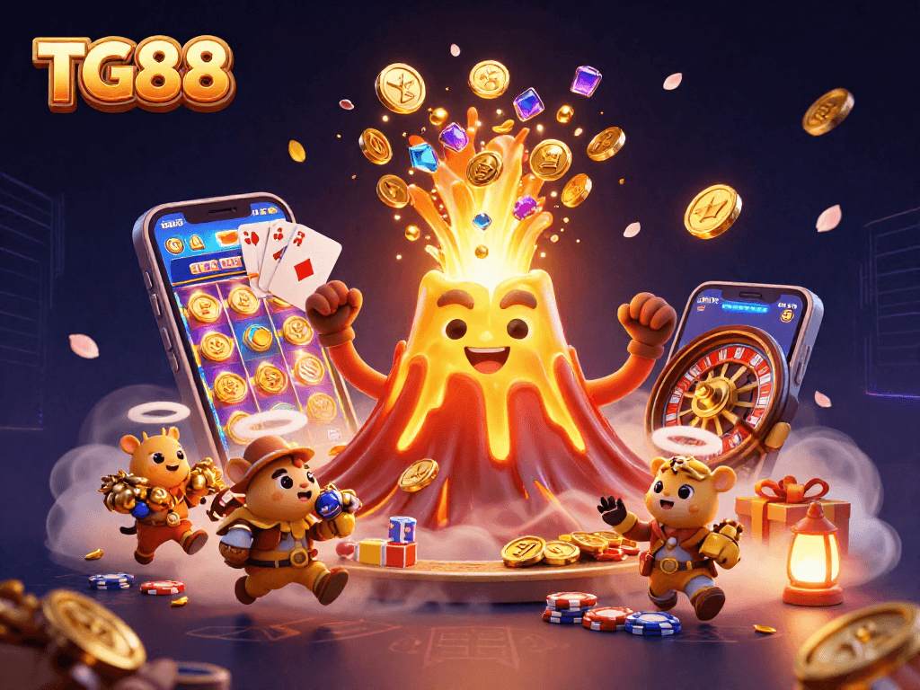 Spin the reels and win big with TG88's vibrant casino illustration of lucky treasures.