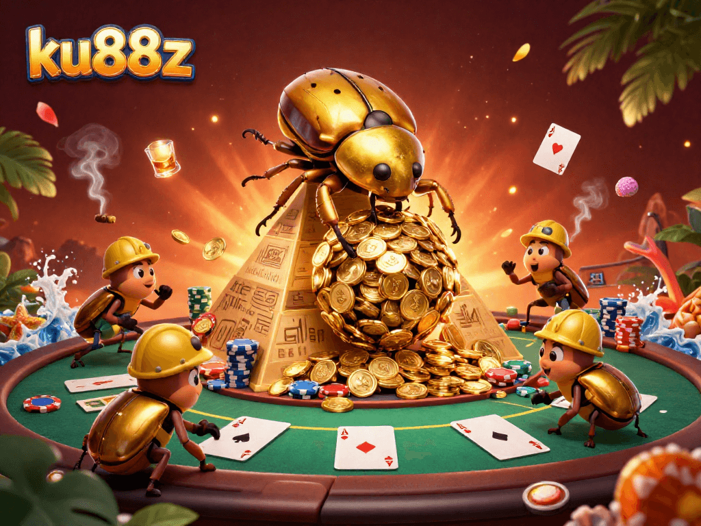 Experience the excitement of ku88z with a rich 3D casino scene filled with golden treasures and poker elements.