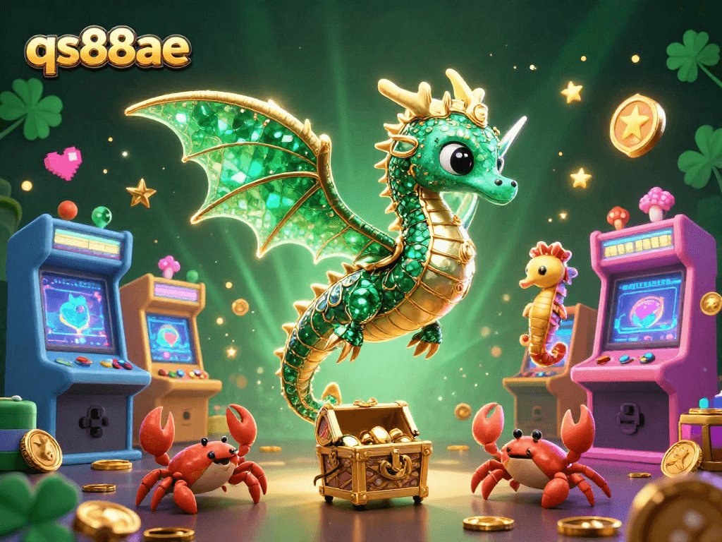 Experience thrilling wins at qs88ae with vibrant casino-themed illustrations featuring a dragon and game elements.