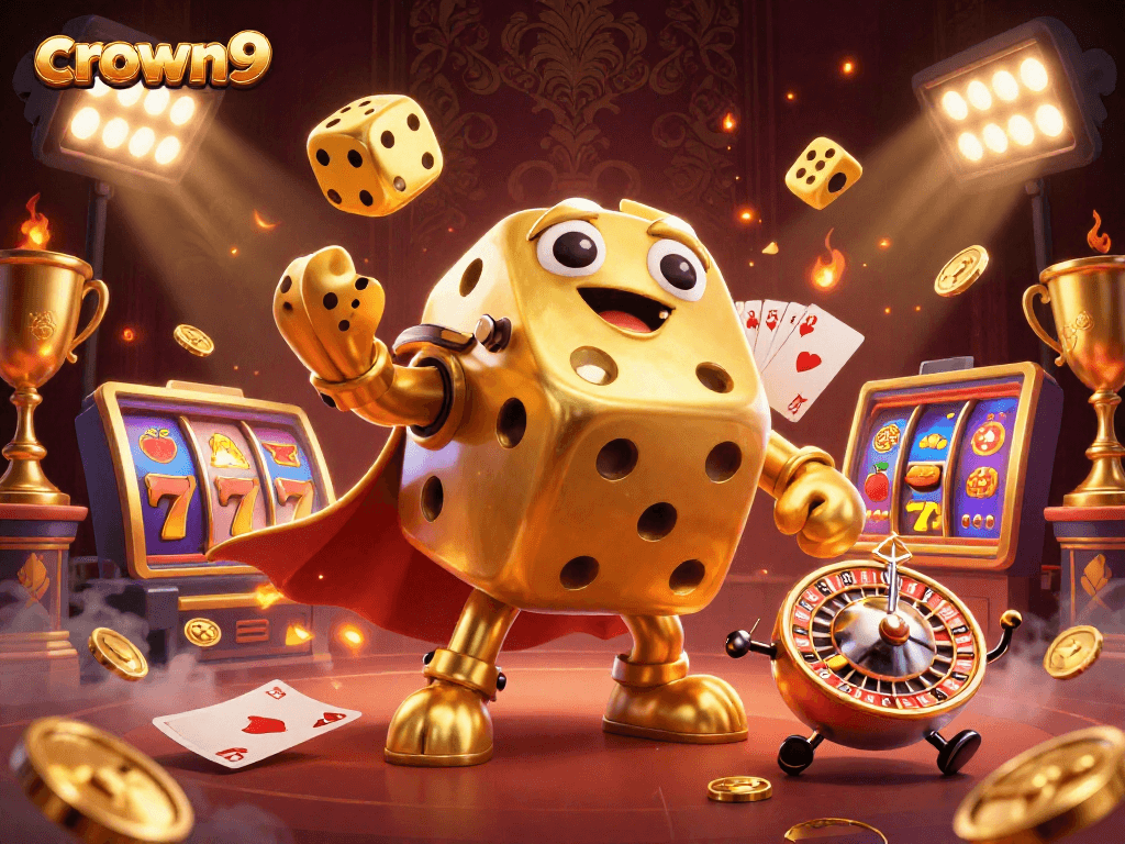 Crown9 casino illustration with golden dice golem and dynamic slot reels for exciting gameplay.