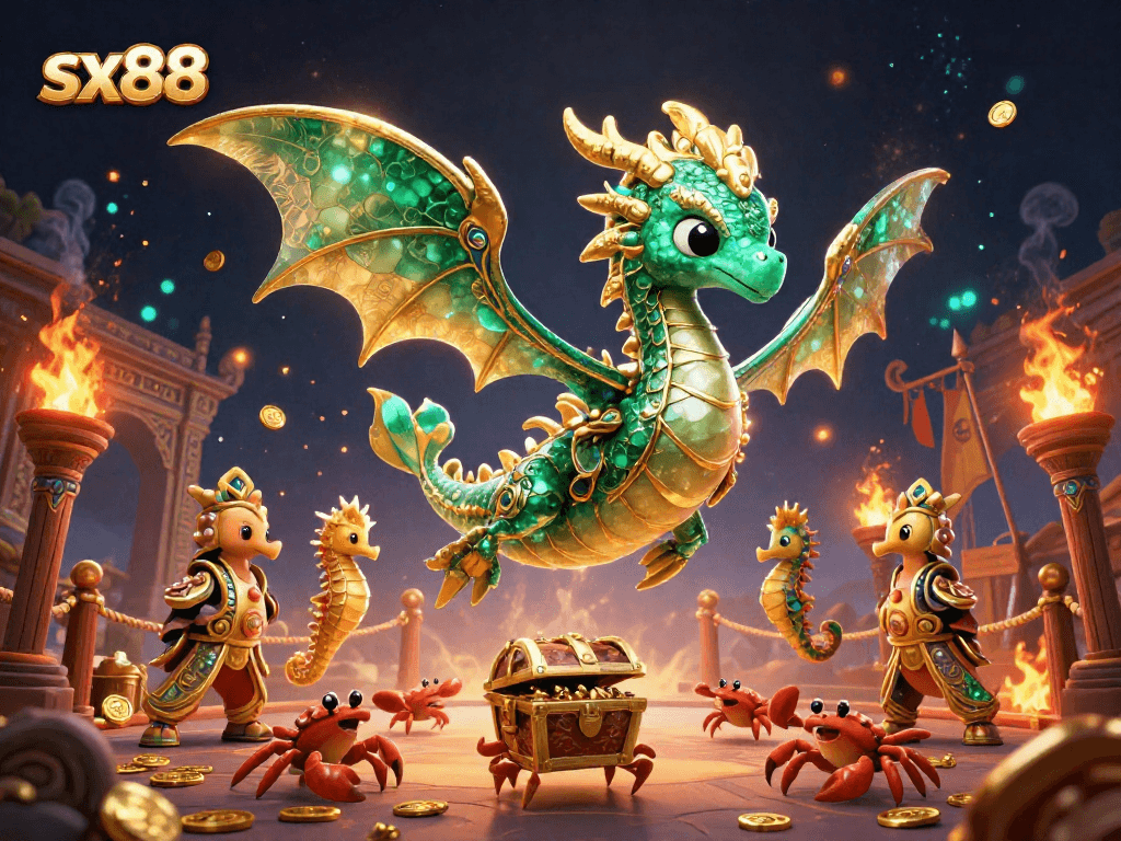 SX88 players enjoy the vibrant treasure-hunting scene with a dragon and crabs in a dynamic casino illustration.