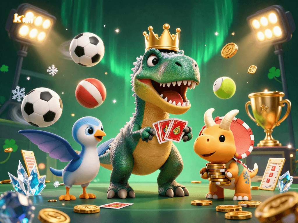 kkwin showcases a lively scene where a T-Rex plays cards and a triceratops stacks chips, perfect for online gameplay.