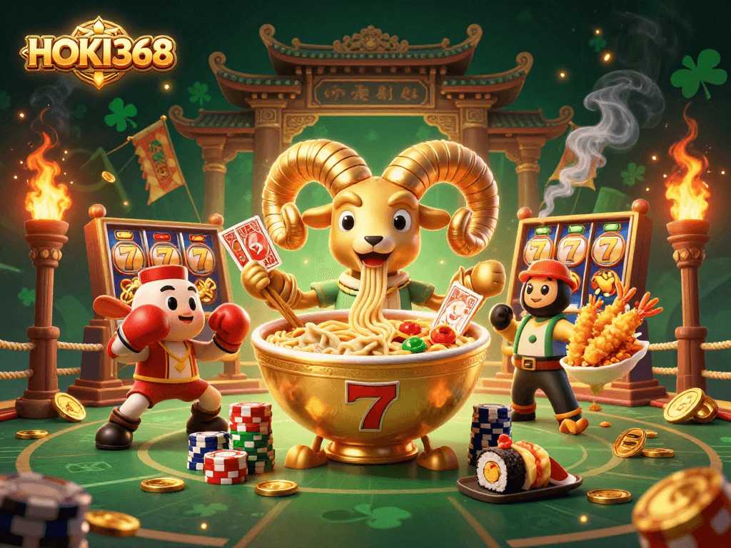 Experience thrilling wins at HOKI368, where vibrant casino characters engage in epic slot battles.
