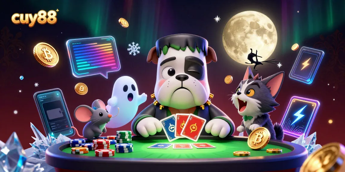 Experience vibrant gaming at cuy88 with a Frankenstein bulldog card dealer and crypto elements.