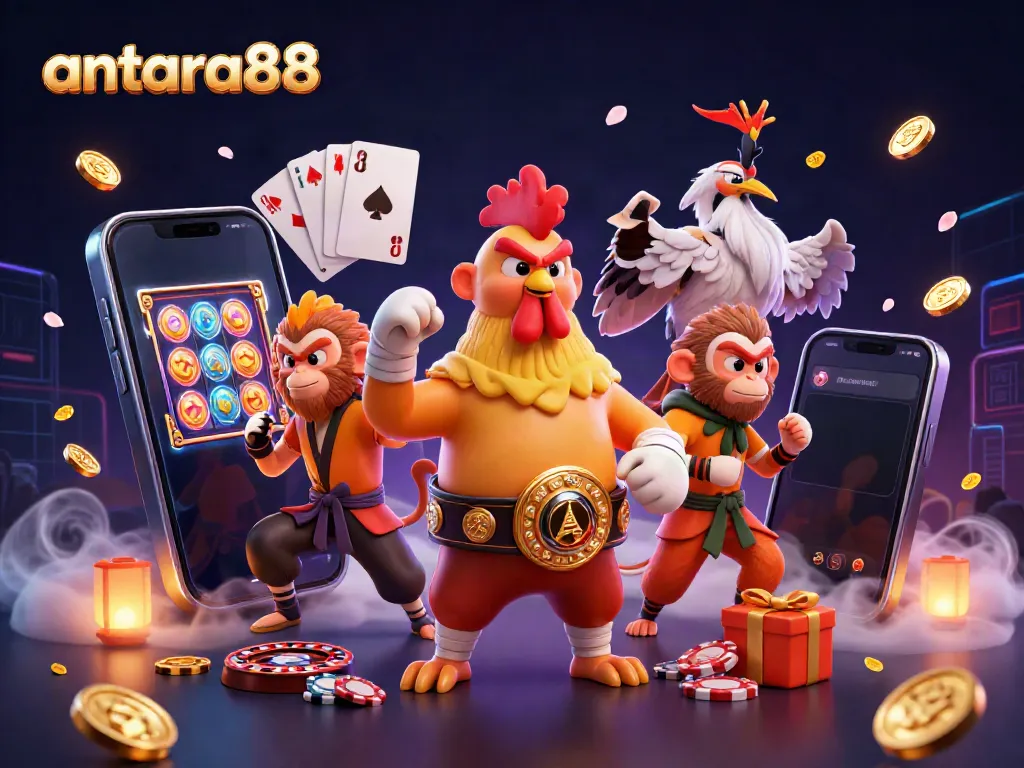 Experience the excitement of winning at antara88 with a vibrant 3D casino scene featuring lucky characters and games.