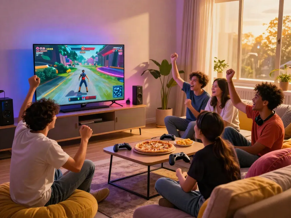 Friends enjoying multiplayer gaming on GARUDA404 platform in a vibrant living room.