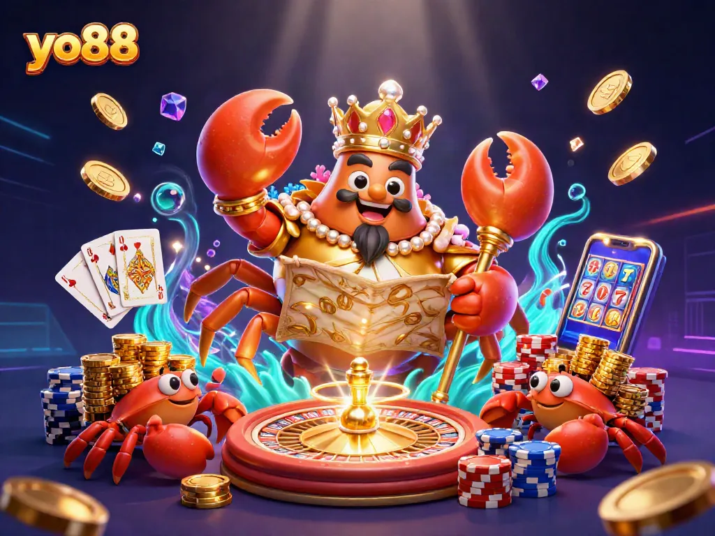 Experience the thrill of winning at yo88 casino with a golden crab emperor and vibrant treasures.