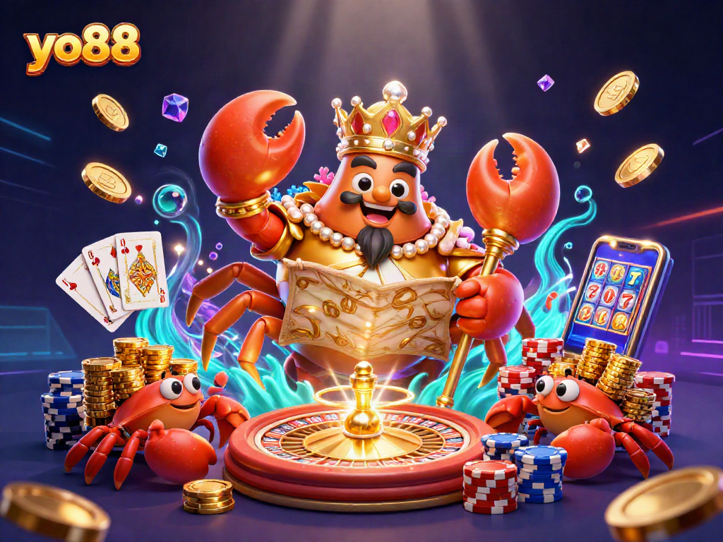 Experience the thrill of winning at yo88 casino with a golden crab emperor and vibrant treasures.