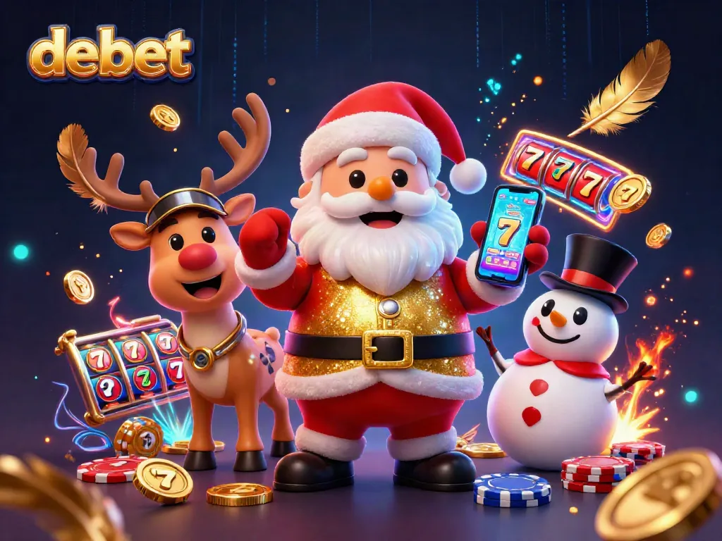 Spin the jackpot slots with debet in a vibrant casino scene featuring Santa and friends.