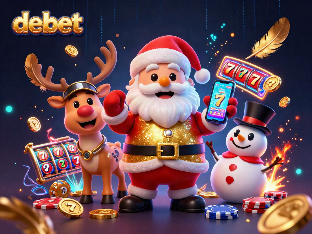 Spin the jackpot slots with debet in a vibrant casino scene featuring Santa and friends.