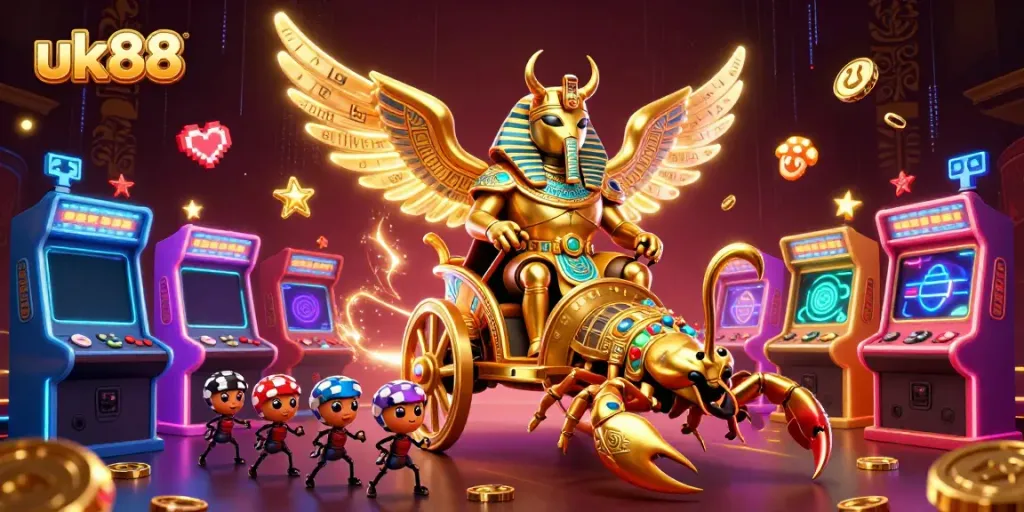 Engaging illustration of uk88 with sports betting themes, vibrant 3D characters, and dynamic game elements.