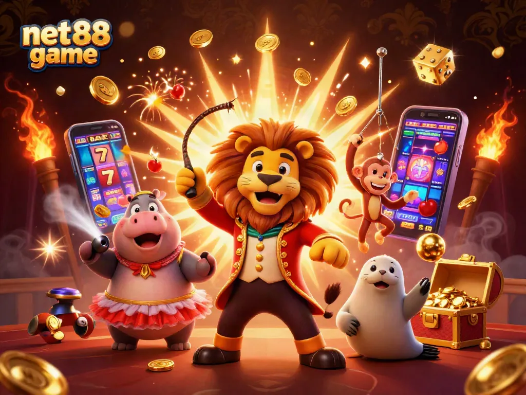 Join the excitement of net88 game with a dynamic circus-themed 3D casino illustration featuring colorful characters and vibrant winning symbols.