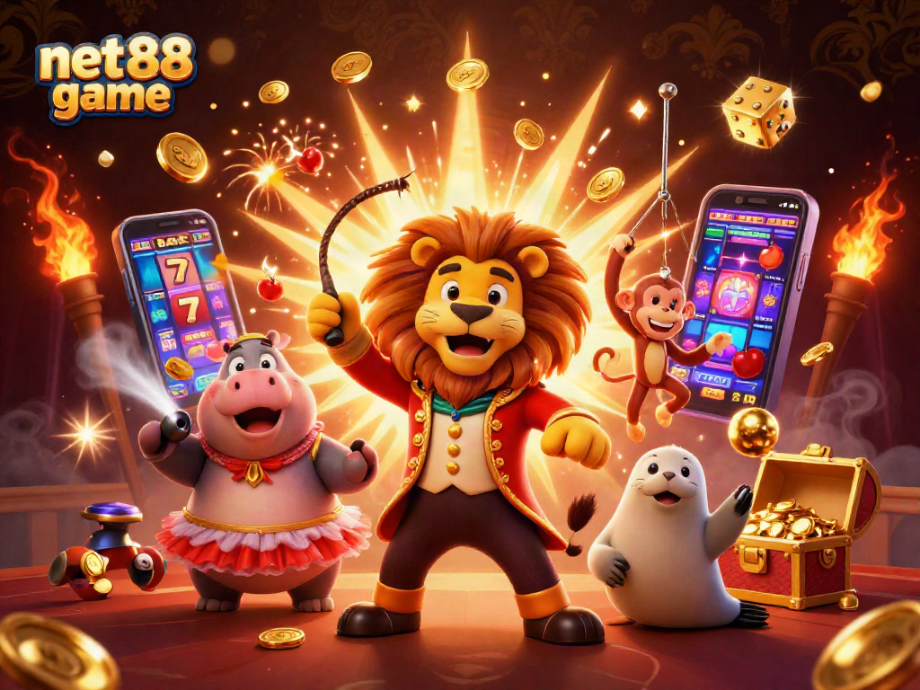 Join the excitement of net88 game with a dynamic circus-themed 3D casino illustration featuring colorful characters and vibrant winning symbols.