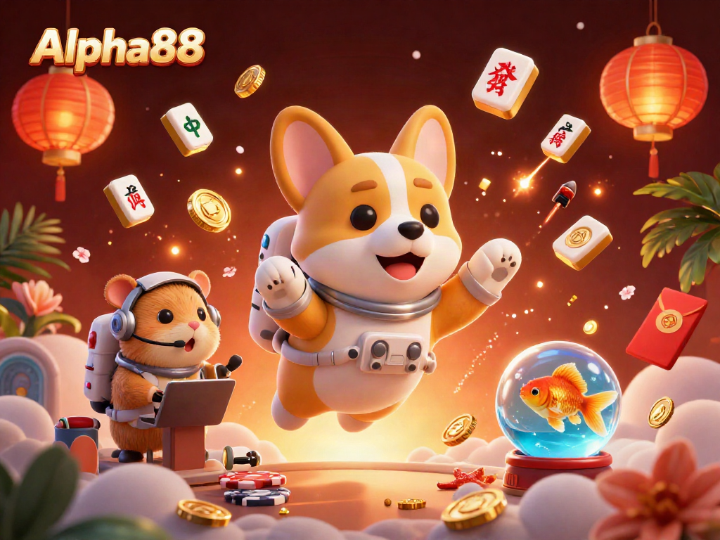 Engage with thrilling gameplay at Alpha88 as a cartoon astronaut corgi celebrates in a vibrant casino.
