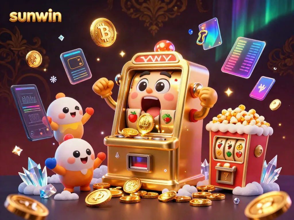 Experience the excitement of sunwin with a golden slot machine hitting a jackpot and coins pouring out