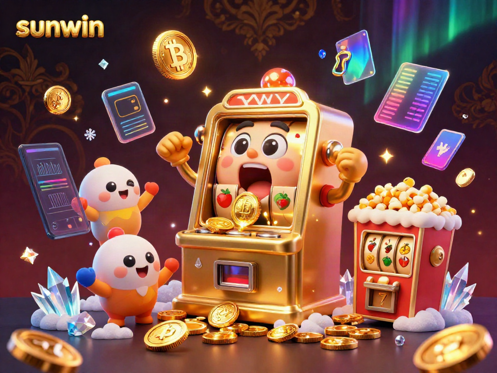 Experience the excitement of sunwin with a golden slot machine hitting a jackpot and coins pouring out