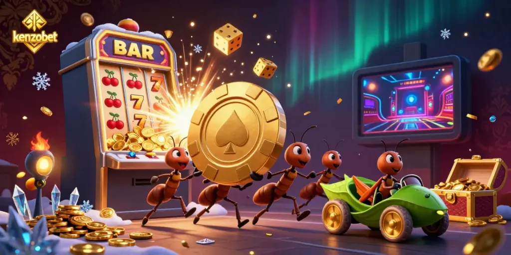 Kenzobet heist scene with ants carrying a giant poker chip surrounded by casino elements.