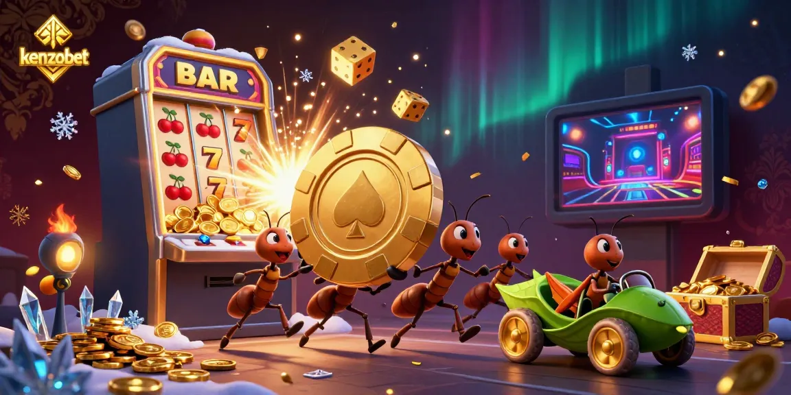 Kenzobet heist scene with ants carrying a giant poker chip surrounded by casino elements.
