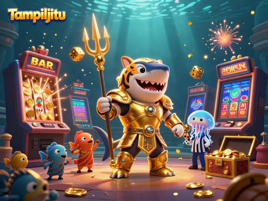 Tampiljitu engages players in a vibrant underwater casino scene showcasing a tiger shark and dynamic slot machines.