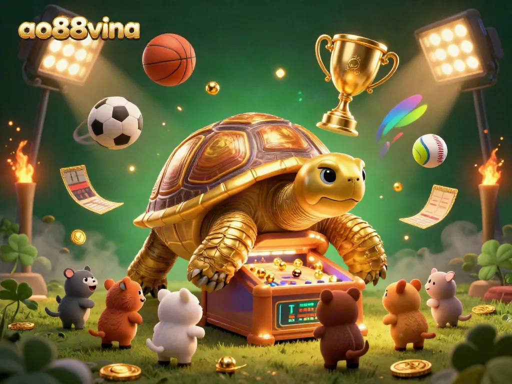 Engage in thrilling casino action with ao88vina's dynamic illustration featuring a golden tortoise pinball machine.