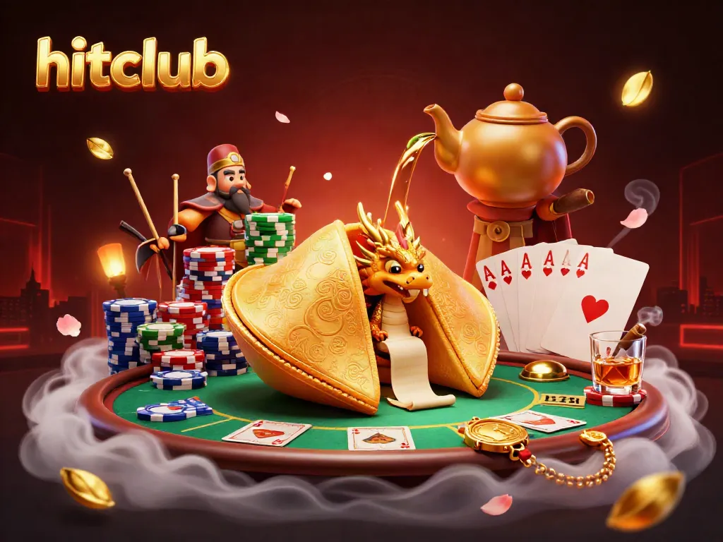 Experience hitclub's dynamic casino scene with a golden fortune cookie and poker elements.
