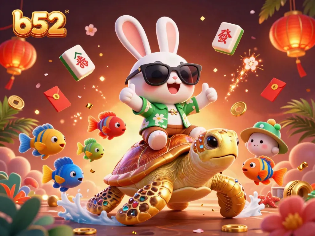 Play exciting games at b52, featuring a lucky rabbit and golden turtle amidst vibrant casino elements.