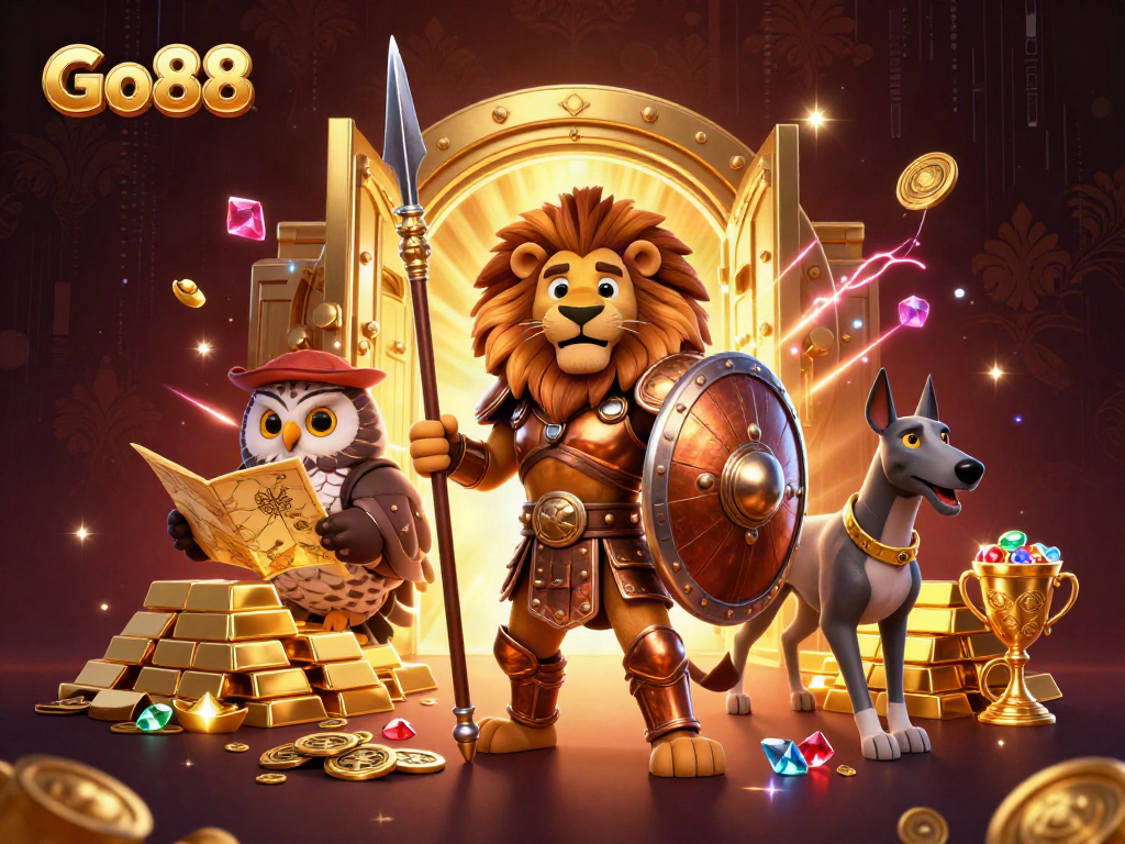 Engage with Go88's thrilling gaming adventure featuring heroic characters amidst gold treasures.