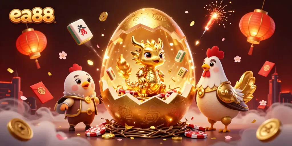 Bet on your luck with ea88 at a vibrant casino scene featuring a golden dragon and poker chips.