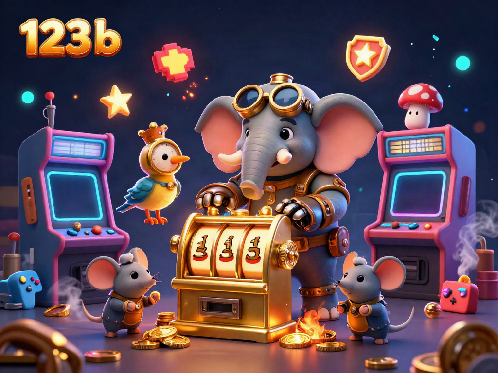 Engage with the steampunk world of 123 b, featuring a cartoon elephant engineer at a golden slot machine.