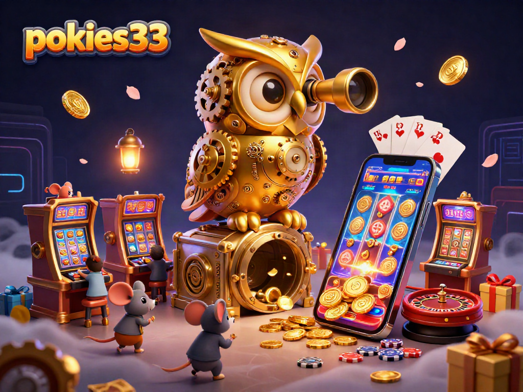 Engage with pokies33 in an illustration of a clockwork owl and vibrant slot machines.