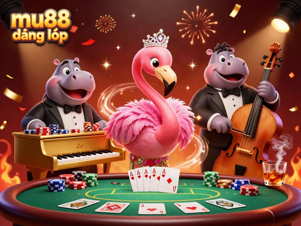 Experience the excitement of mu88 đăng nhập with a vibrant casino scene featuring animated characters and gaming elements.