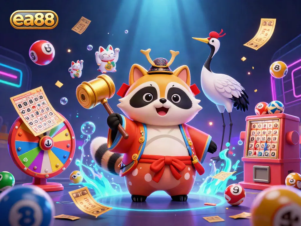 Experience the excitement of ea88 with a festive 3D scene showcasing a lucky tanuki and colorful symbols of fortune.