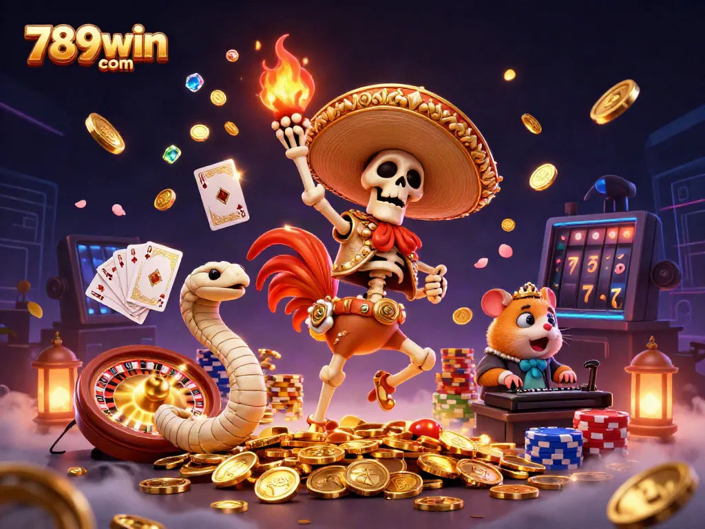 Experience the excitement of 789win com with dancing characters and casino elements amidst riches.