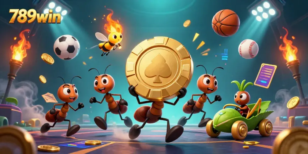 Experience the thrilling heist at 789win with ants stealing a golden poker chip amidst dynamic sports elements.