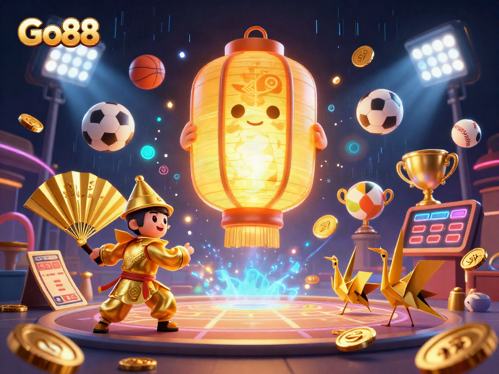 Experience exciting gameplay with Go88 in this vibrant 3D casino illustration filled with dynamic elements.