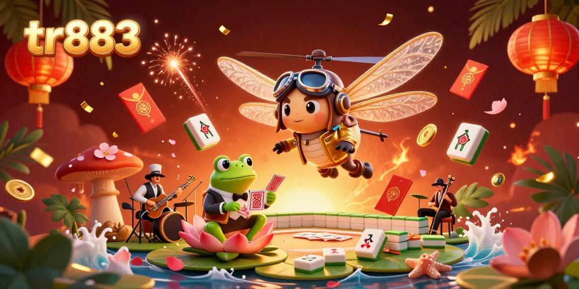 Experience thrilling gameplay at tr883 with a vibrant 3D casino scene featuring a dragonfly pilot and frog croupier.