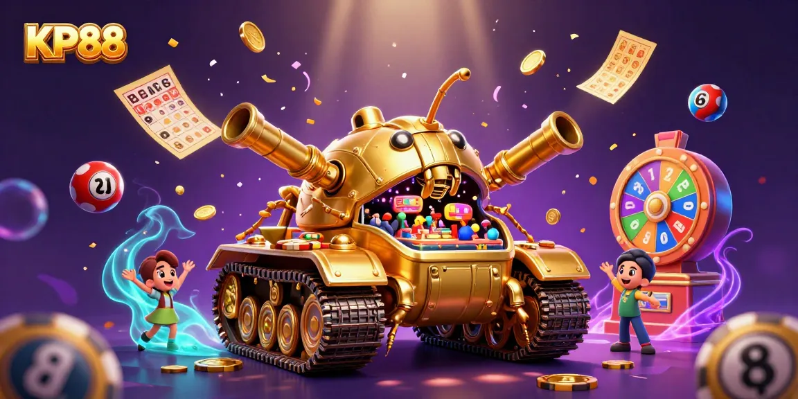 Experience the excitement of KP88 with a vibrant 3D golden beetle casino bursting with dynamic lottery elements.