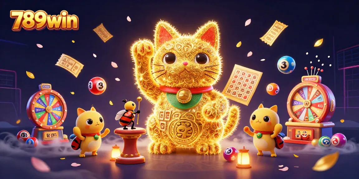 Immerse in the 789win casino experience with a vibrant 3D illustration of a lucky cat formed by golden fireflies.