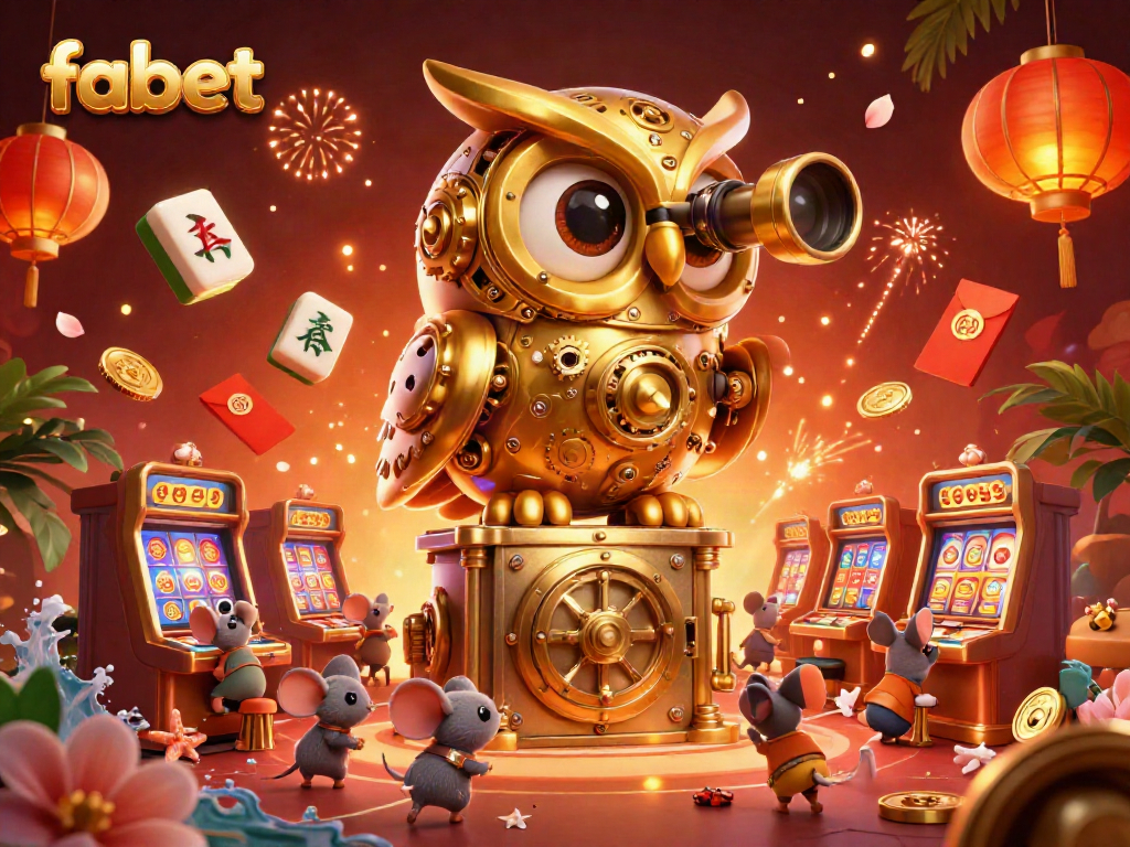 Experience vibrant fun at fabet as the golden owl oversees a bustling casino scene filled with animated mice and festive symbols.
